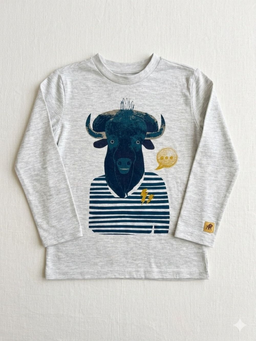 deux par deux Light Gray Long Sleeve Tee with Navy Buffalo and Yellow Accents